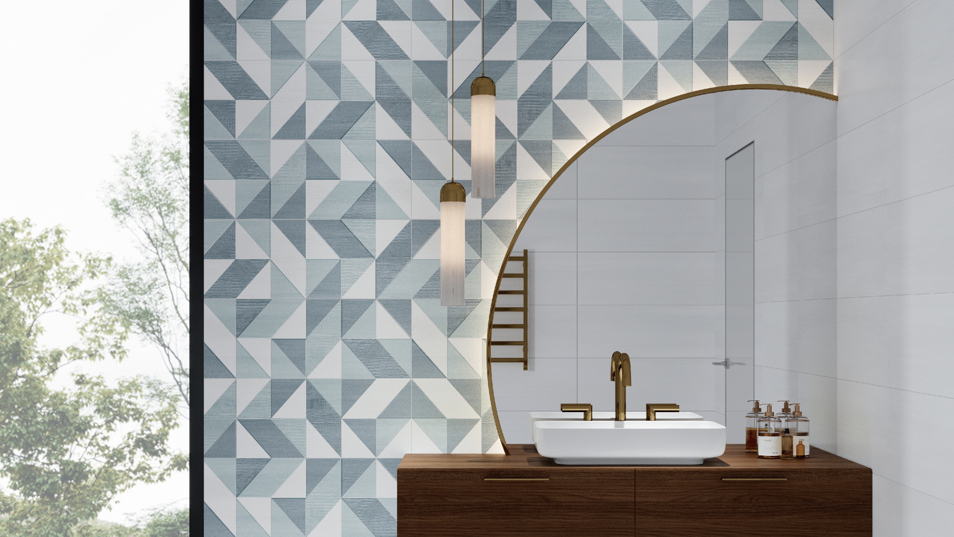 七巧花磚赫拉應用於浴室牆面設計，壁紙般布紋效果溫暖和諧