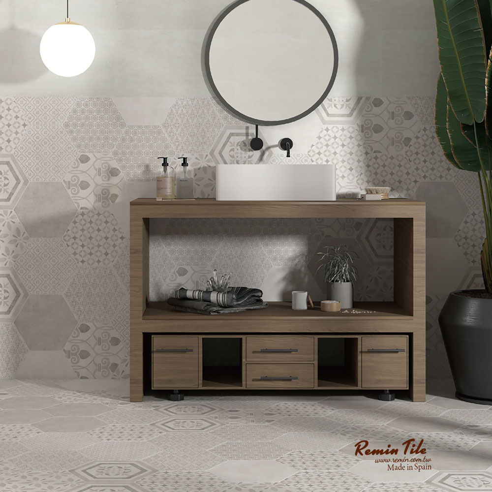 涅布拉六角磚應用於浴室牆面地面設計，花/素磚混貼