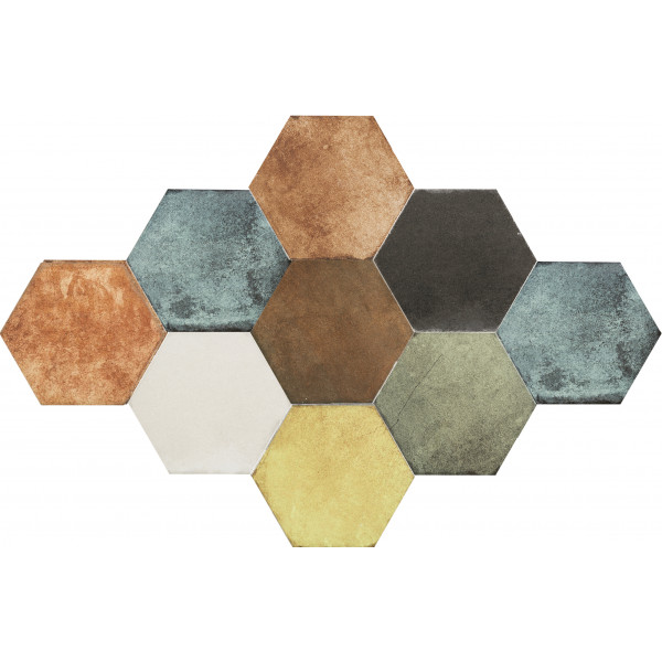 六角混色花磚星球紋理細節特寫圖