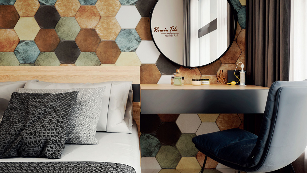 六角混色花磚星球應用於臥室牆面設計