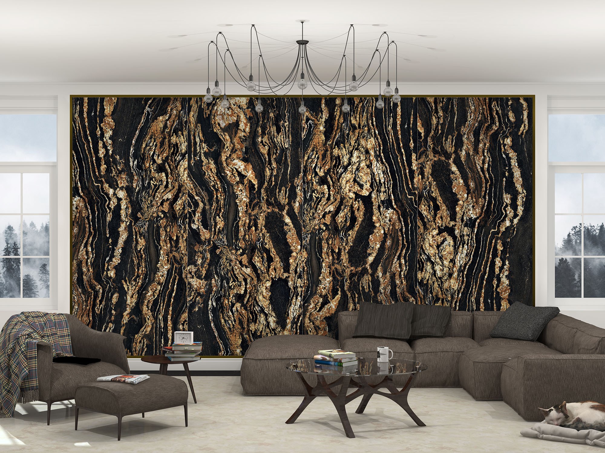 石紋薄大板-黑金磁磚，金色紋理細緻呈現，適合現代居家與公共空間設計