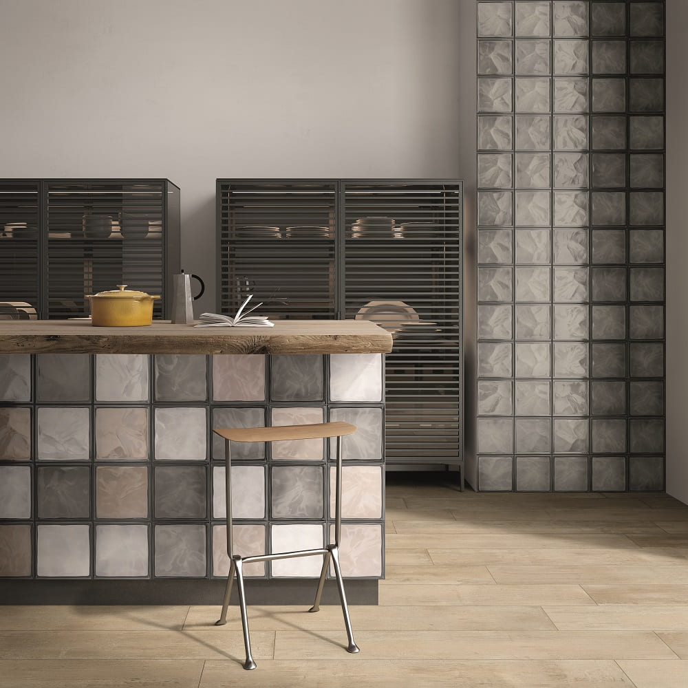 仿玻璃花磚水樣波紋應用於餐廳牆面中島造型設計