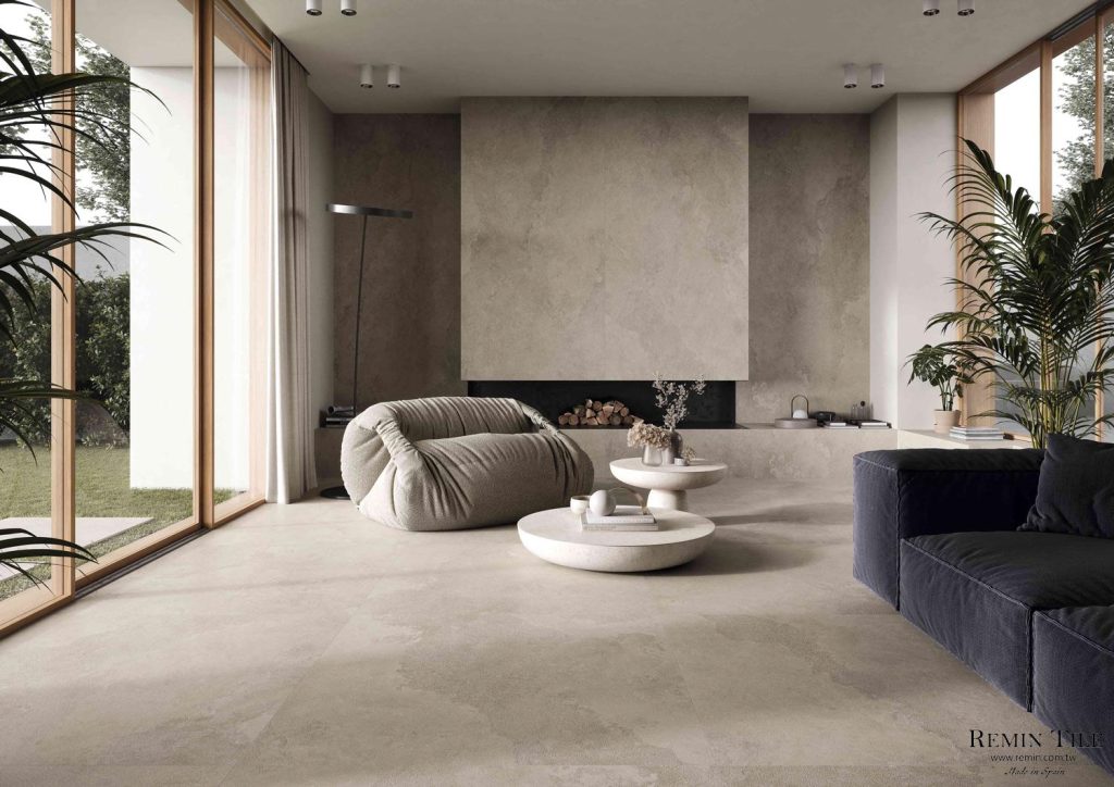 清水模灰大板磚應用於客廳牆面地面設計