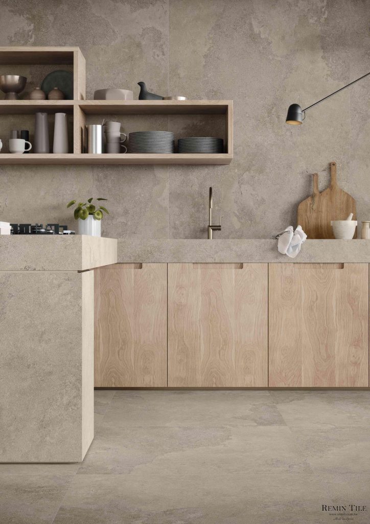 清水模灰大板磚應用於廚房牆面檯面地面設計