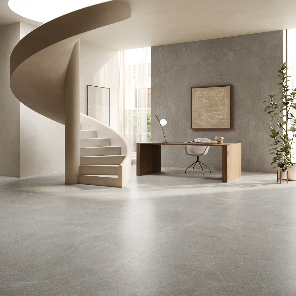 板岩大板磚月光石應用於商業空間牆面地面設計，石紋質感柔和自然