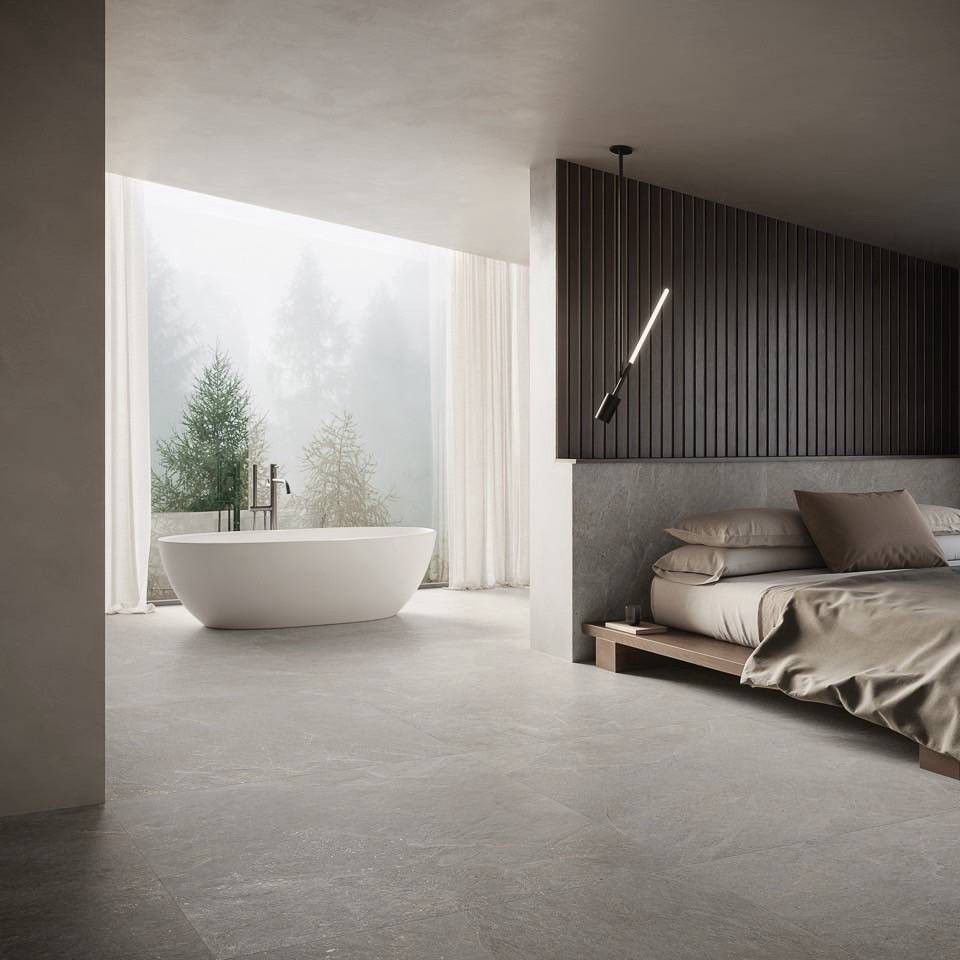 板岩大板磚月光石應用於臥室牆面地面設計，石紋質感柔和自然