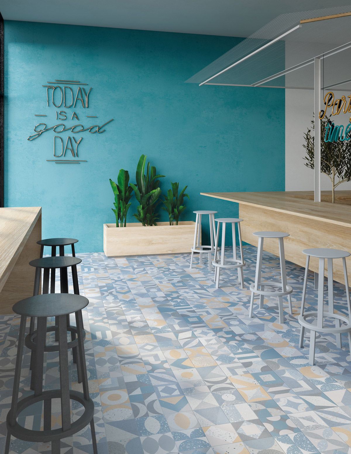 幾何水磨石花磚-融合美學 33*33 藍色 餐廳地磚 廚房地磚