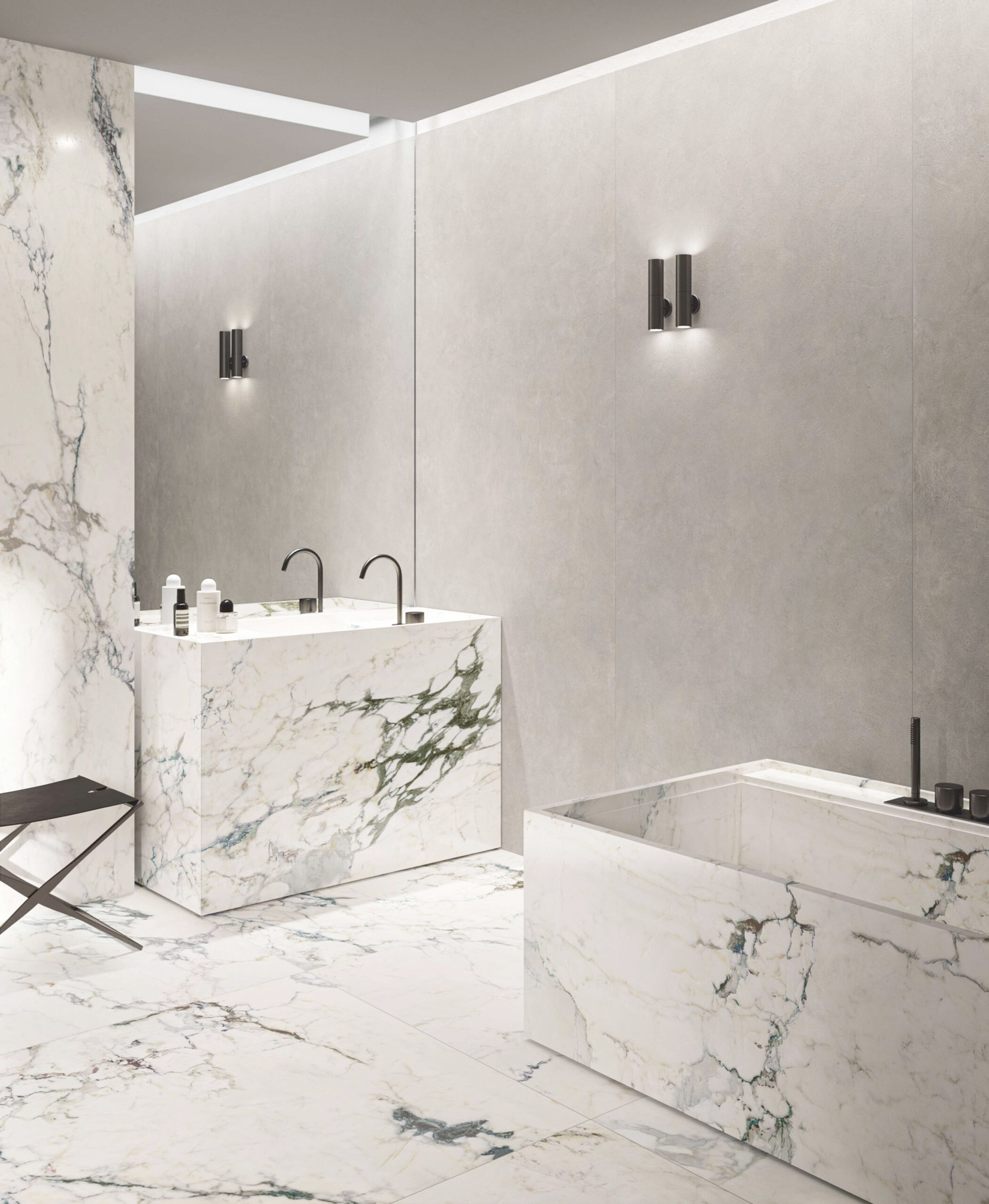 大理石紋大板磚卡普雷亞應用於浴室牆面地面設計，綠色大理石紋質感柔和自然