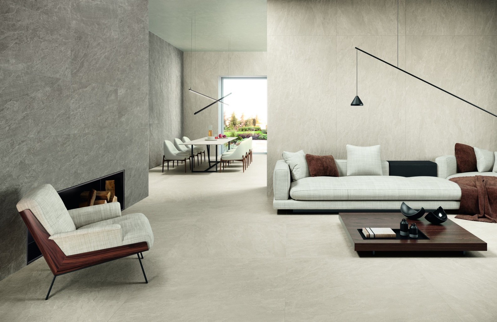 立體板岩大板磚黛石應用於客廳牆面地面設計