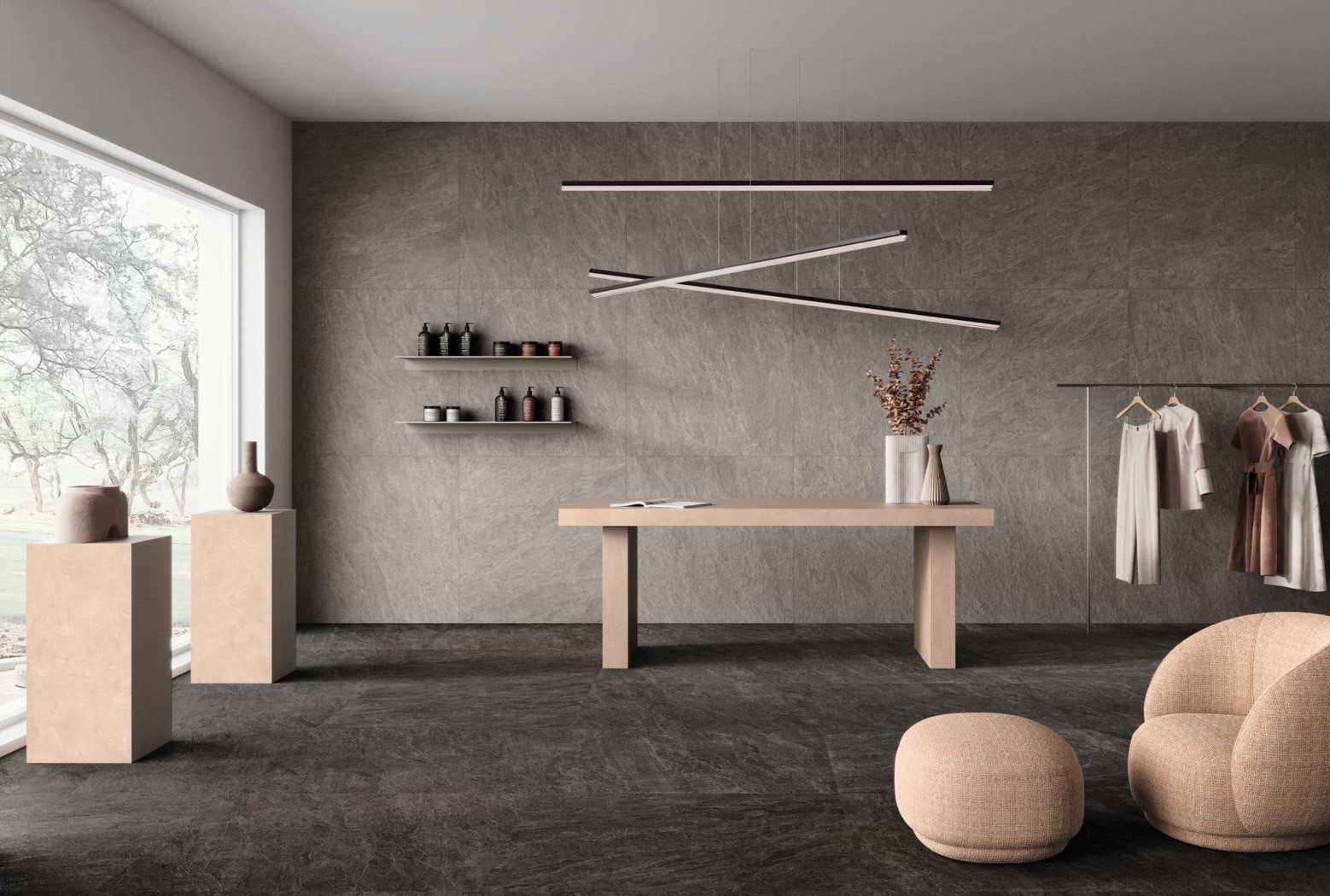 立體板岩大板磚黛石應用於商業空間牆面地面設計