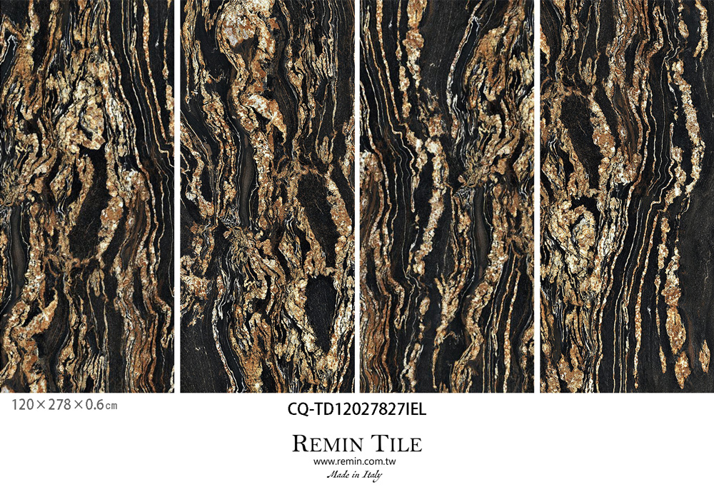 石紋薄大板-黑金磁磚，展現大理石紋路與黑金色調，適合現代空間設計