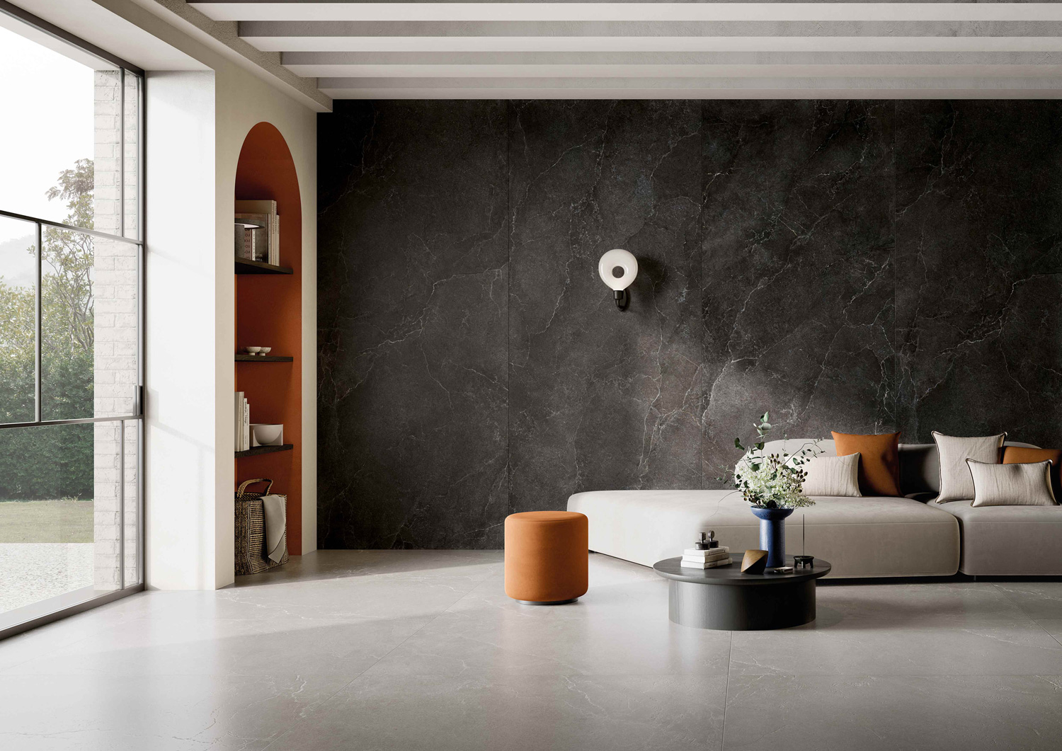 石紋大板磚虛實之境深邃夜應用於客廳牆面設計