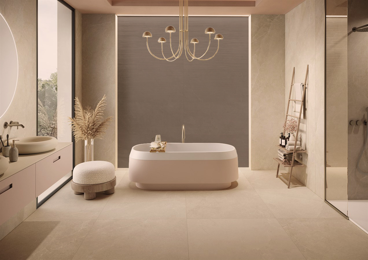 立體石紋大板磚虛實之境朝霧灰棕應用於浴室壁面設計