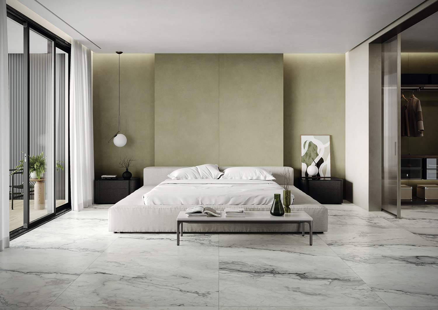 大理石紋大板磚卡帕白應用於臥室地面設計