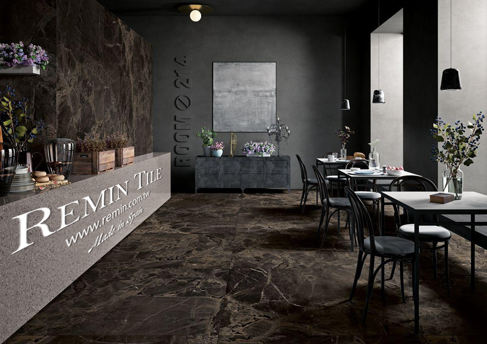 大理石紋大板磚巴西黑應用於商空餐廳牆面地面設計