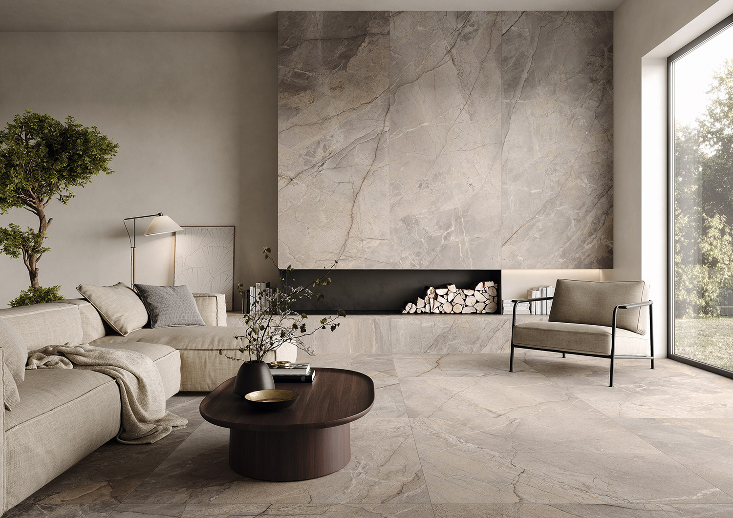 石紋大板磚柏斯科灰應用於客廳牆面地面設計