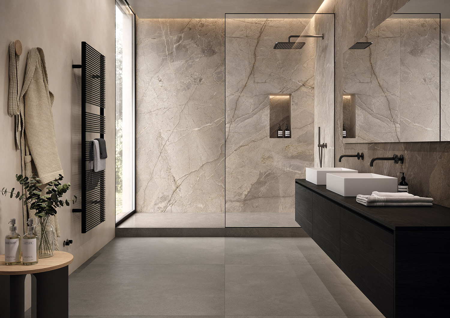 石紋大板磚柏斯科灰應用於浴室牆面設計