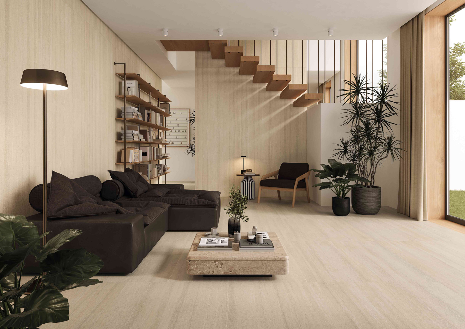 米灰層積岩大板磚應用於客廳牆面地面設計