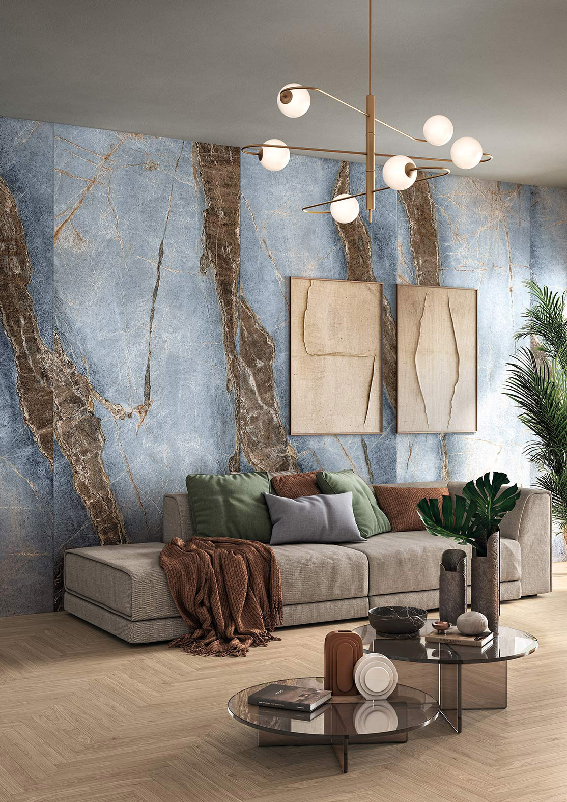 石紋大板磚秘嶼藍應用於客廳牆面設計