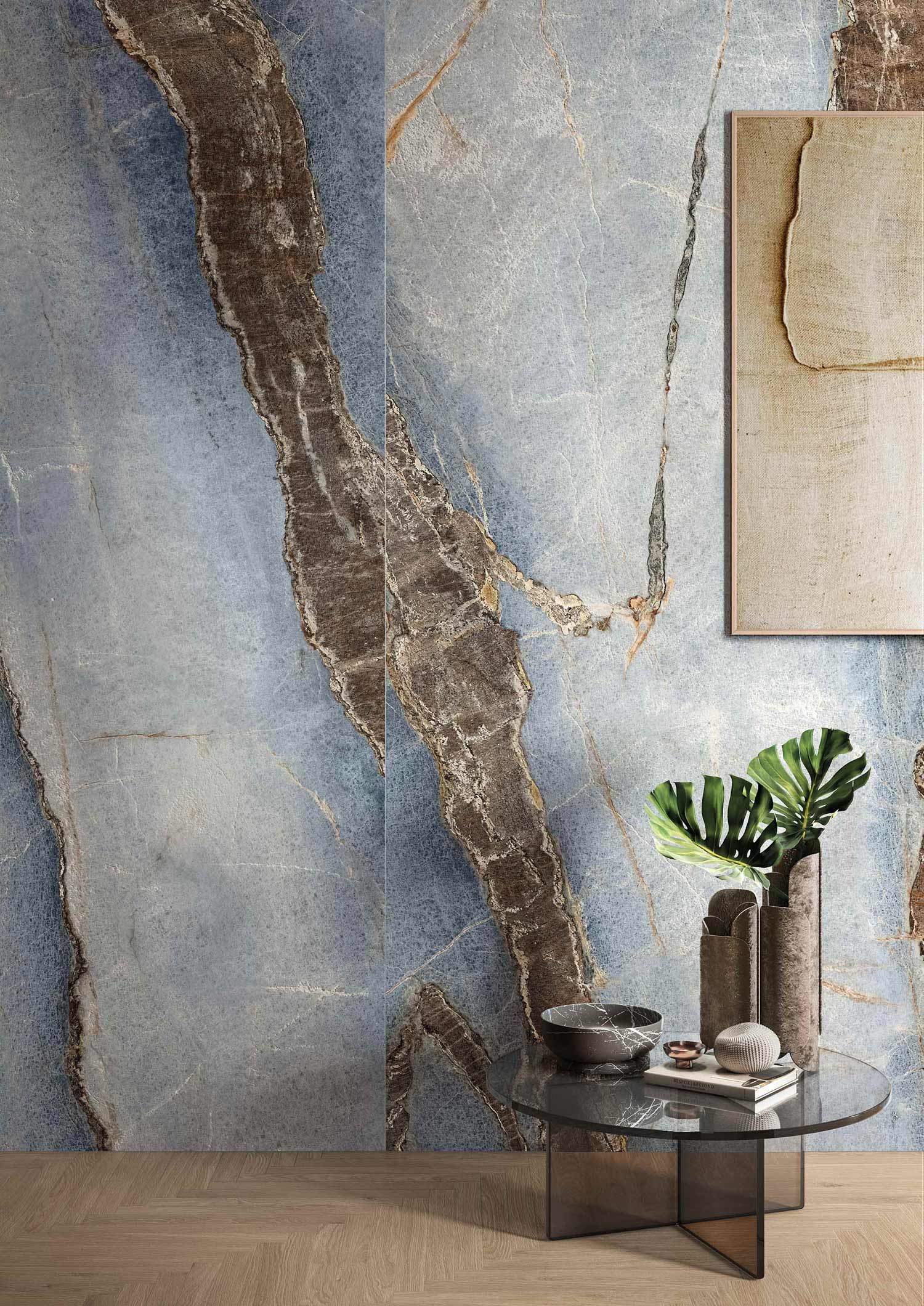 石紋大板磚秘嶼藍應用於客廳牆面設計