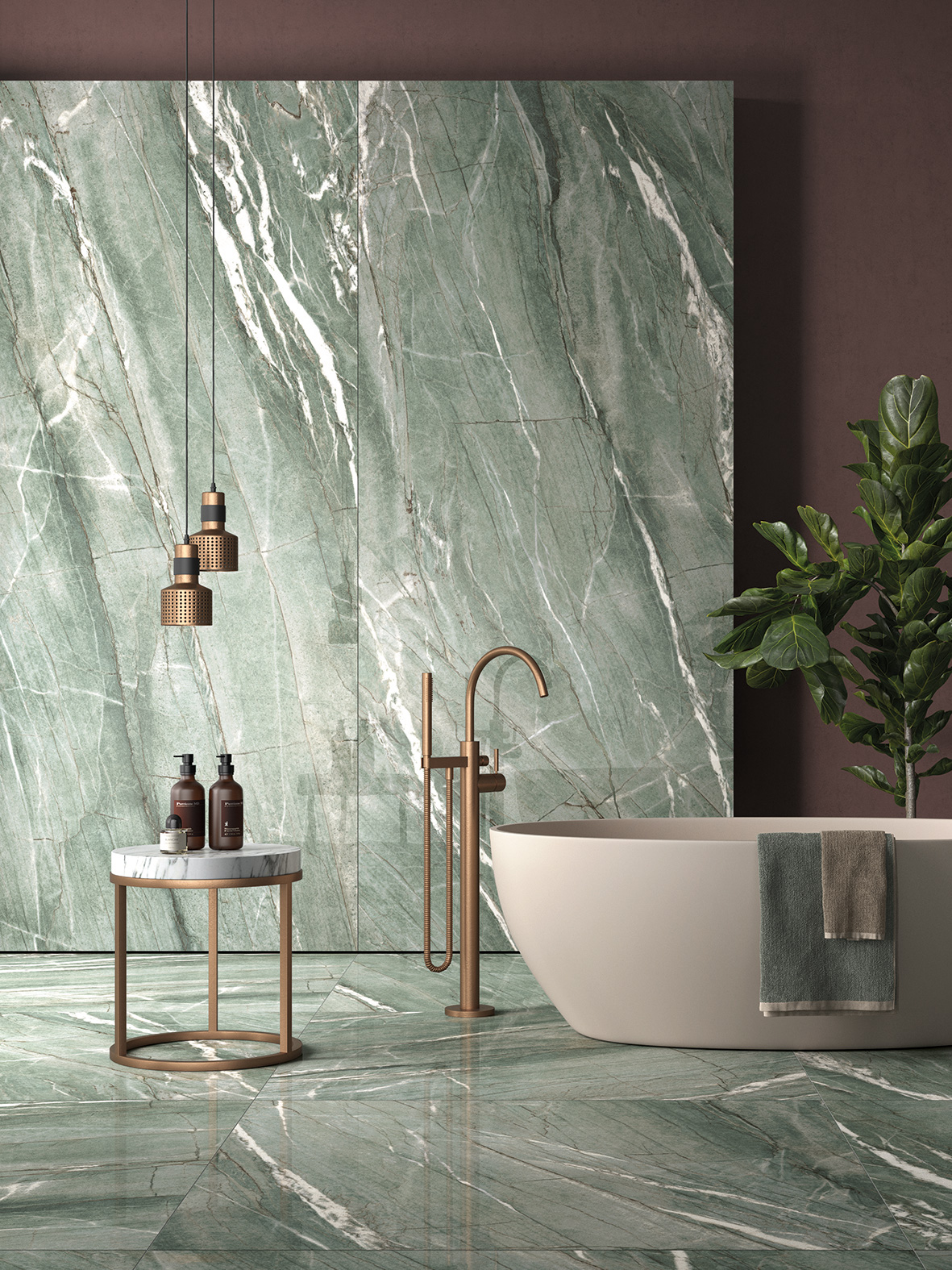 大理石紋大板磚霜綠應用於浴室地面設計