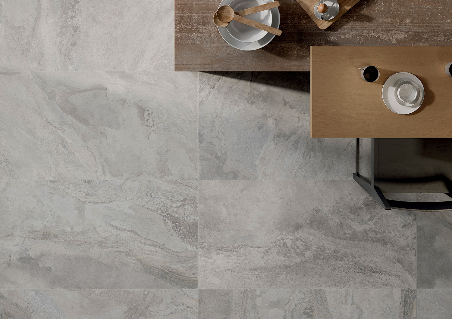 大理石紋大板磚波賽頓灰應用於廚房地面設計