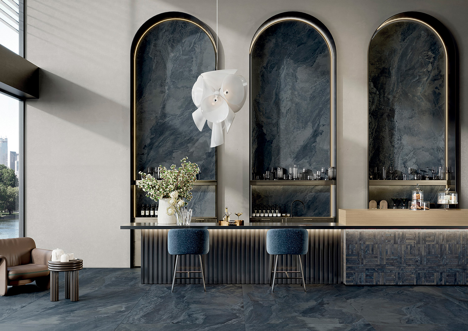 大理石紋大板磚波賽頓藍應用於餐廳牆面地面設計