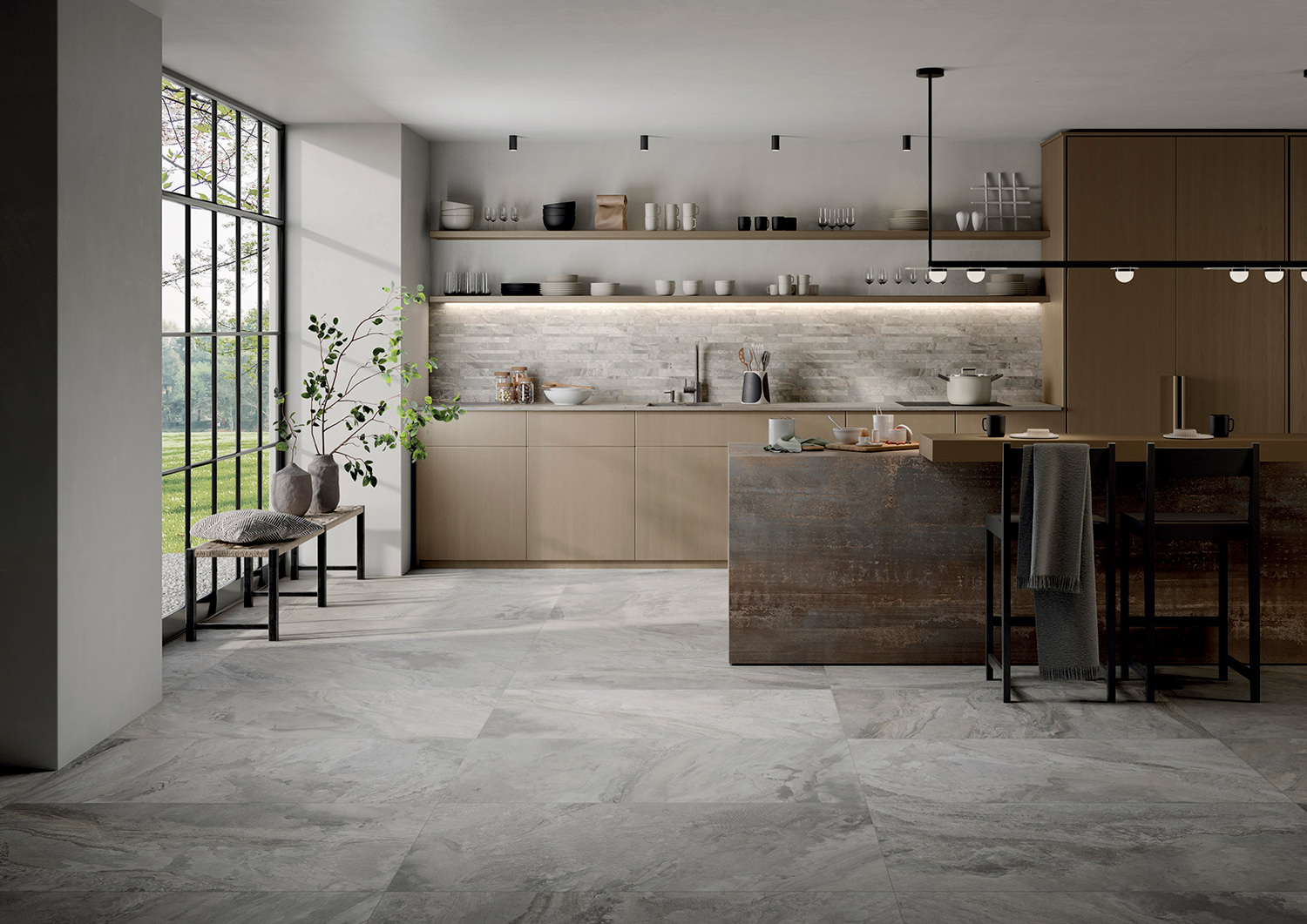 大理石紋大板磚波賽頓黑應用於廚房地面設計