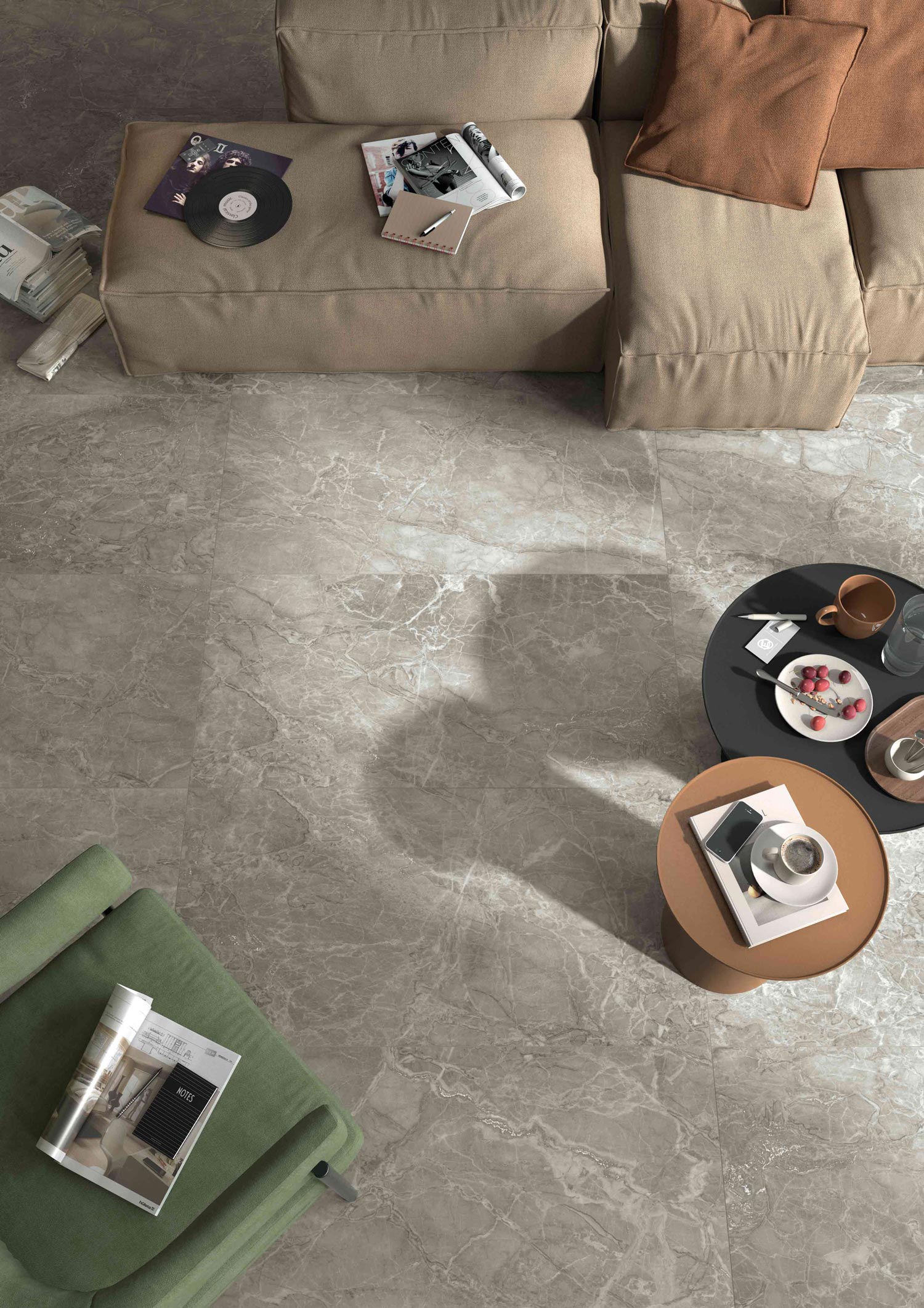 石紋大板磚大馬士革灰應用於客廳地面設計