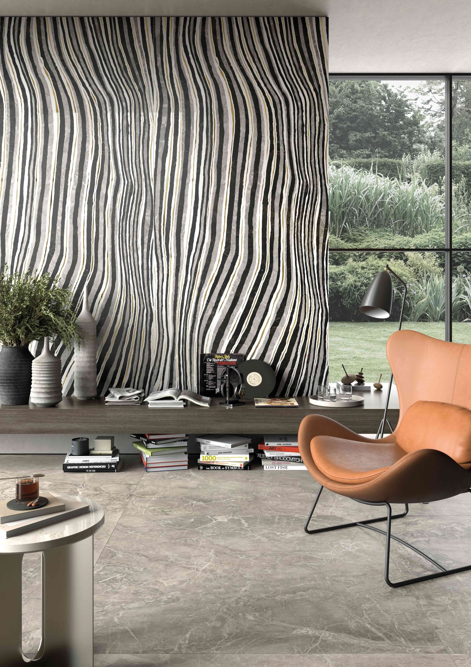 石紋大板磚大馬士革灰應用於客廳地面設計