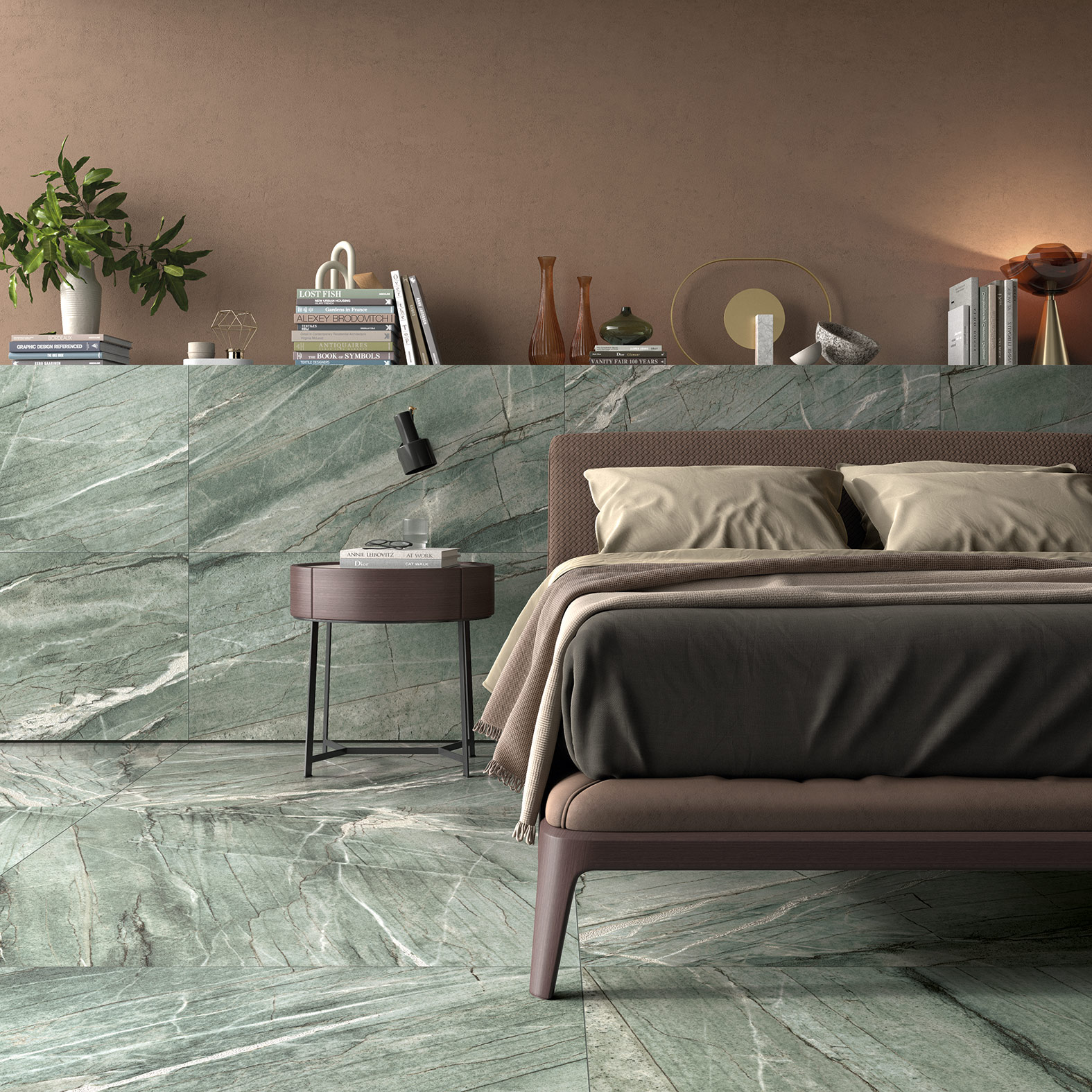 大理石紋大板磚霜綠應用於臥室牆面地面設計