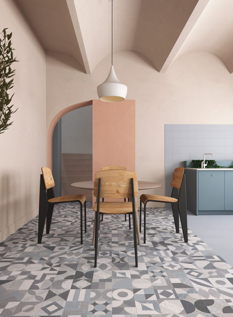 幾何水磨石花磚-融合美學 33*33 藍色 餐廳地磚 廚房地磚