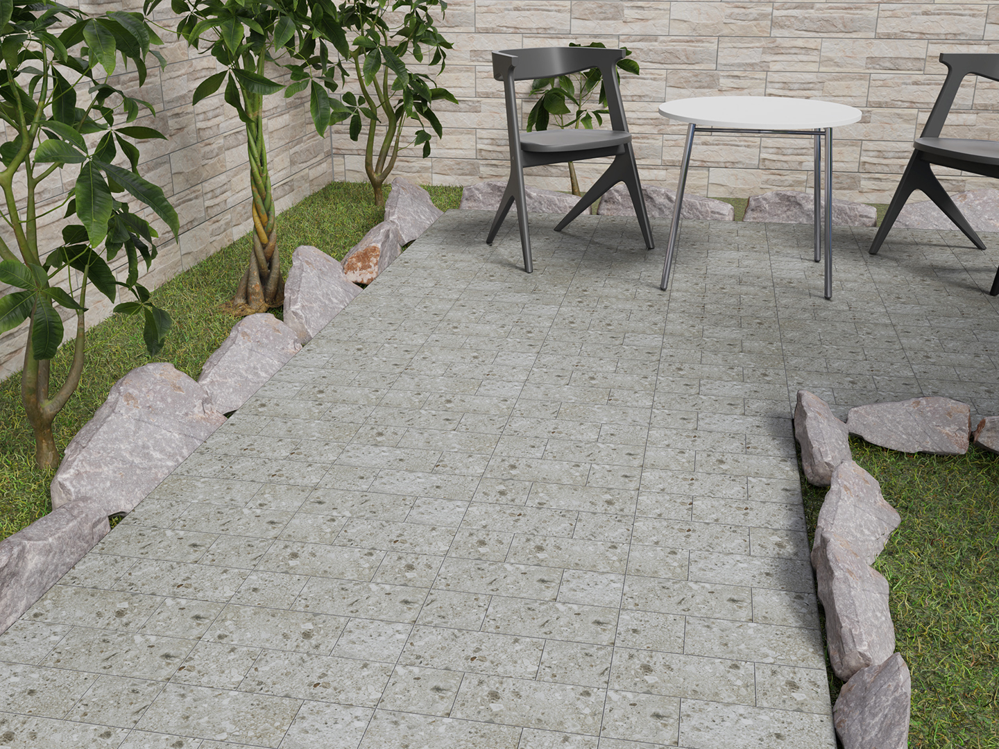 天然石水磨石地磚搭配庭園戶外空間