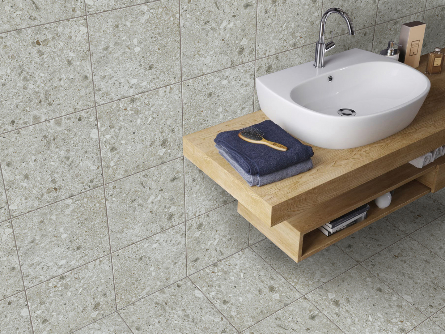 灰色水磨石天然石磁磚應用於浴室牆面