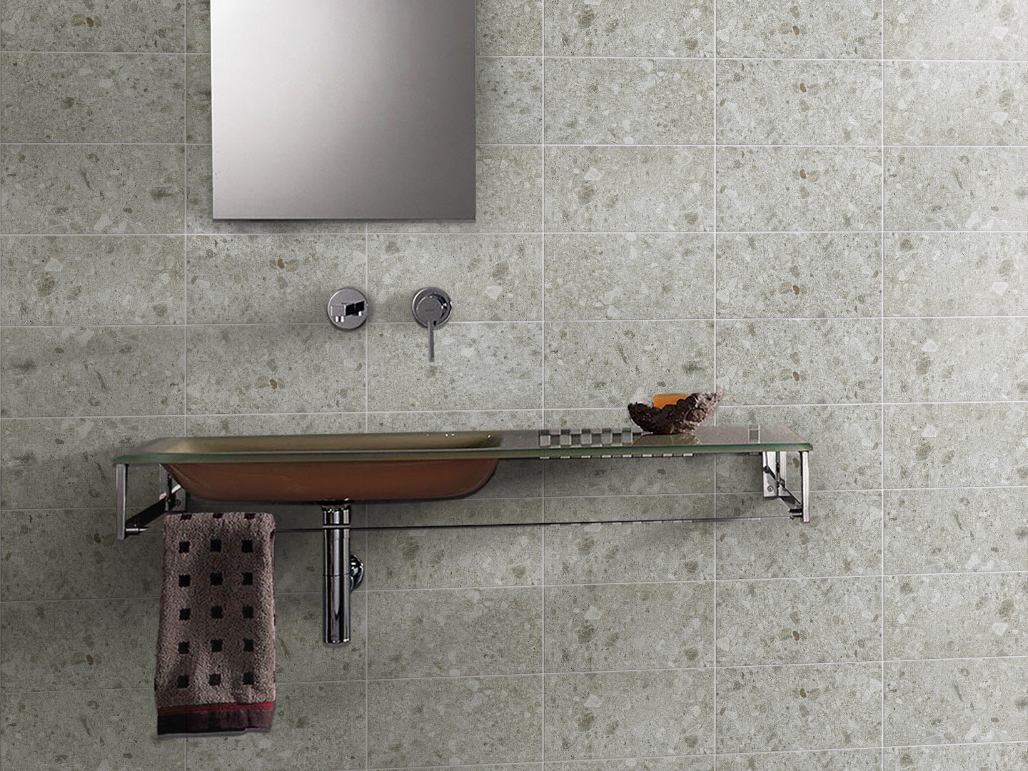 灰色水磨石天然石磁磚應用於浴室牆面