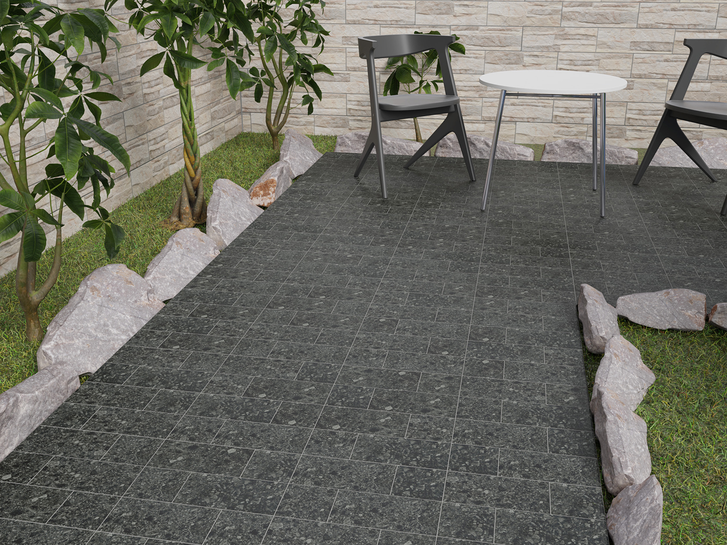 黑灰色天然石水磨石磚 14.7×29.8㎝、14.7×14.7㎝ 地磚混和鋪設效果