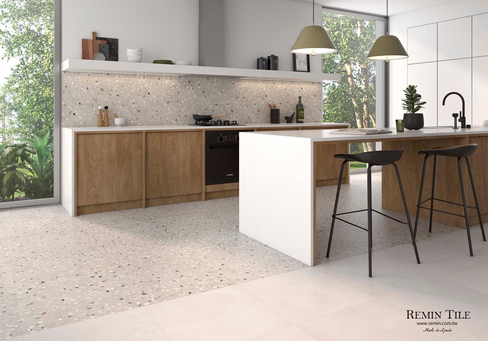 灰色水磨石磁磚 多莉雅系列廚房地板與壁面示範