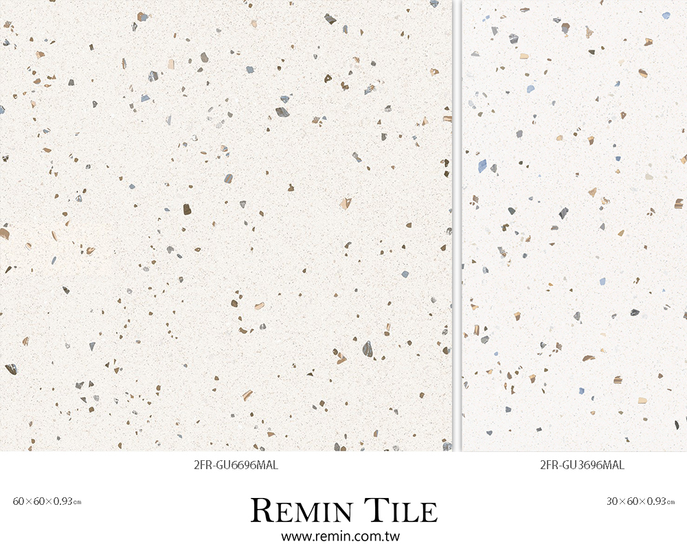 白色水磨石磚點綴彩色碎石模花 60×60㎝ 30×60㎝ 厚度0.93㎝