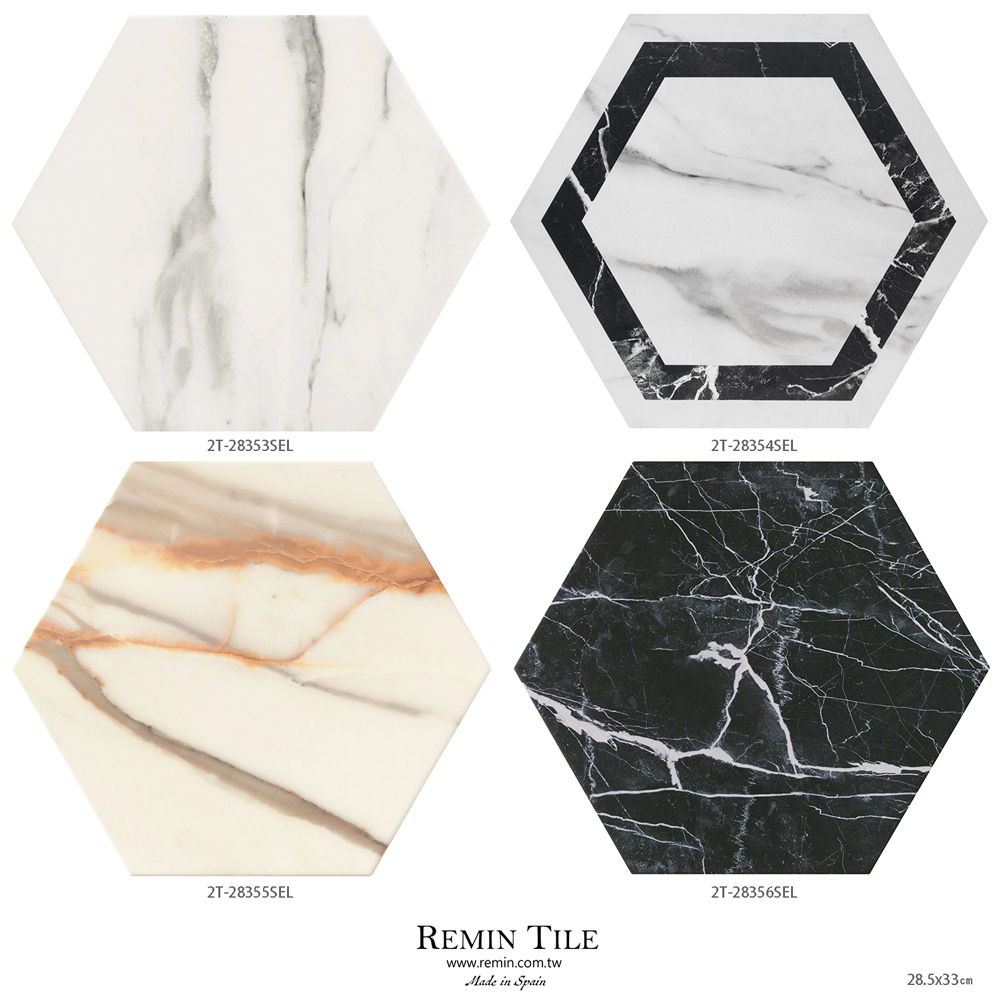 大理石紋六角磚 路米亞 花磚 白色 金色 黑色 28.5×33cm