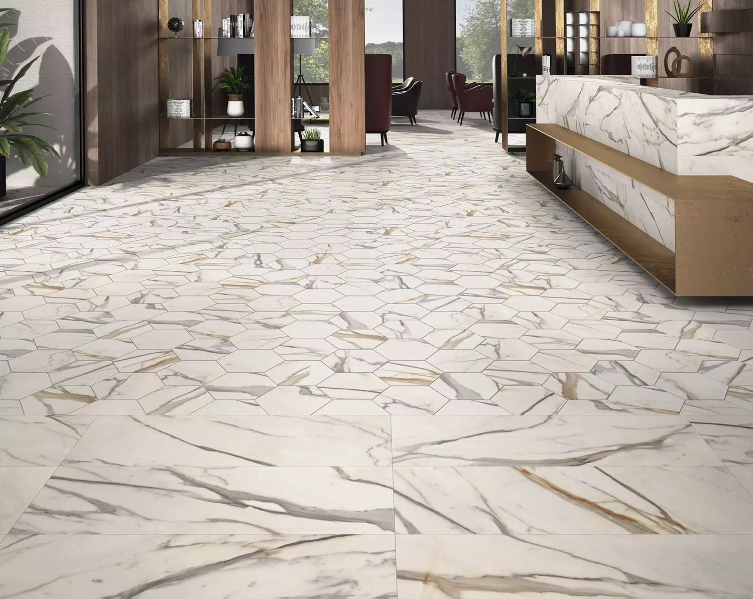 大理石紋六角磚 路米亞 客廳地磚 金色 28.5×33cm