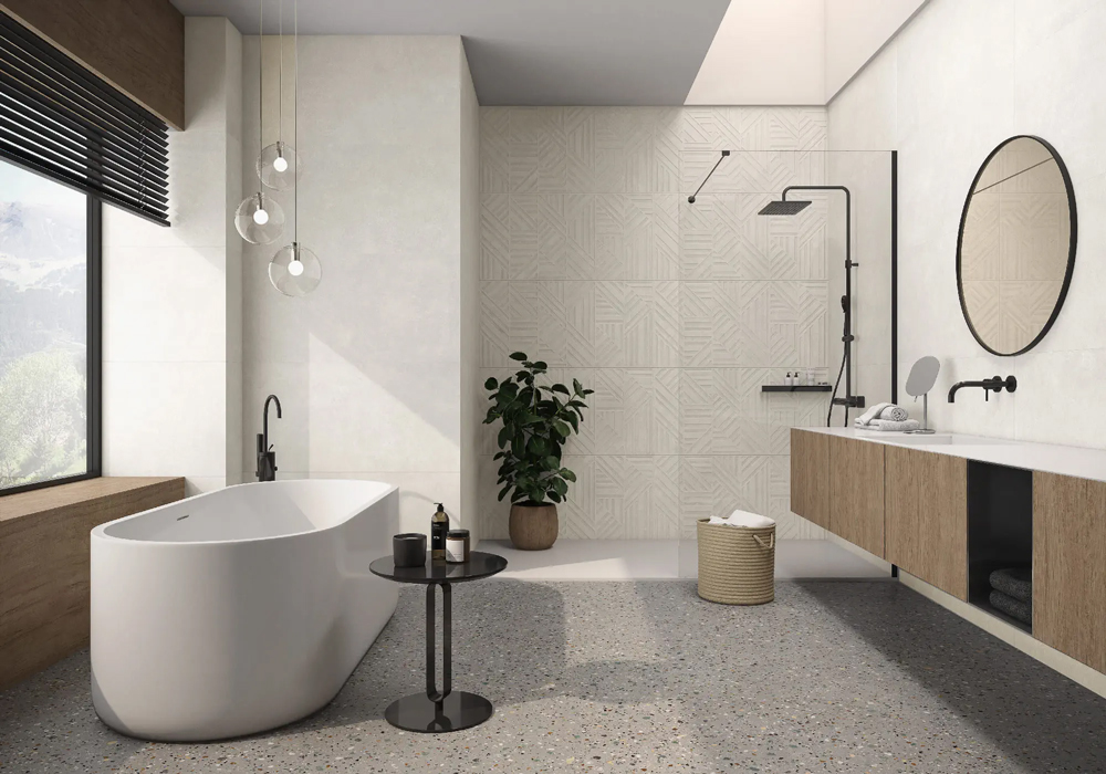 水磨石磁磚浴室設計搭配木質櫃體 白色水磨石小溪地磁磚搭配浴缸