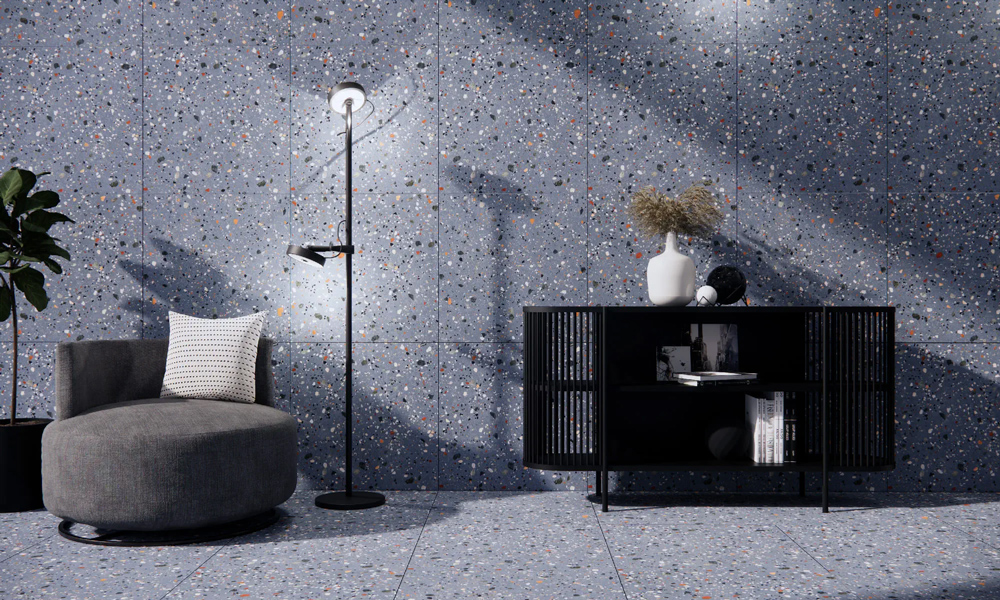 灰色水磨石地磚壁磚客廳效果