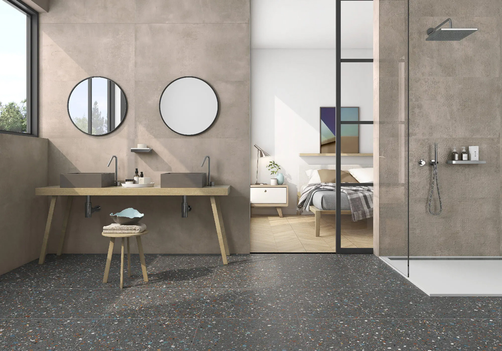 黑色水磨石地磚搭配淋浴間