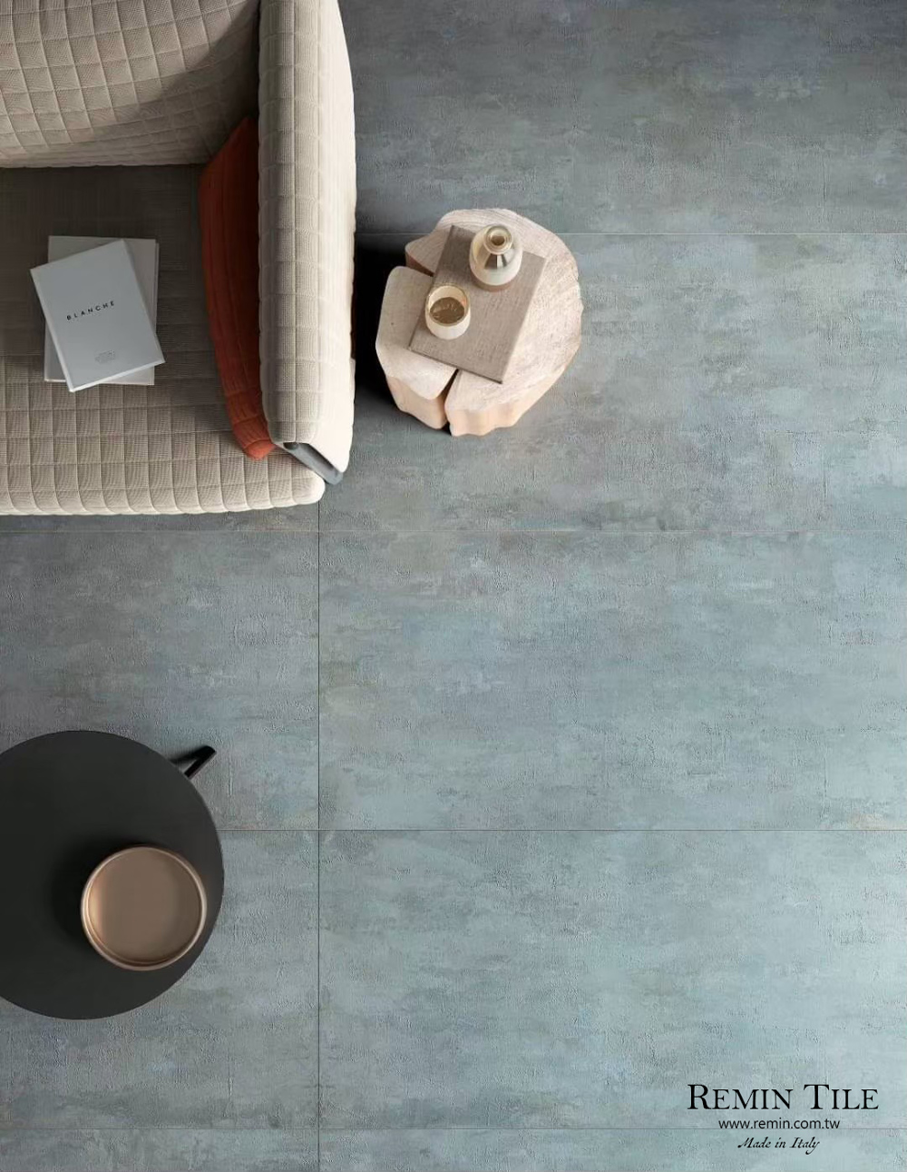 清水模磚 花磚 烏菲茲 客廳地磚 藍色