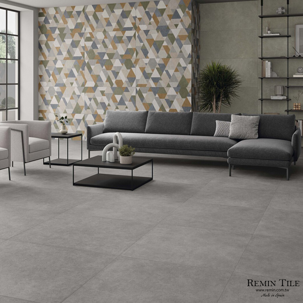 漾彩 清水模 水磨石 花磚 ｜西班牙60×120石英磚 |客廳商空地壁