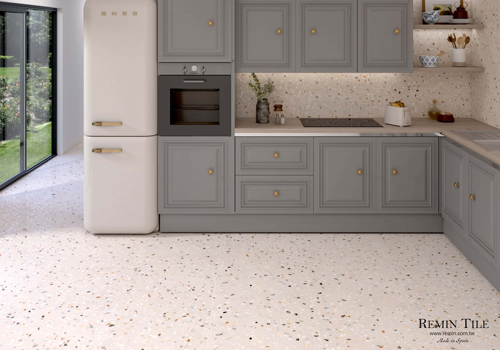 粉色水磨石磁磚 多莉雅系列廚房地板與壁面示範