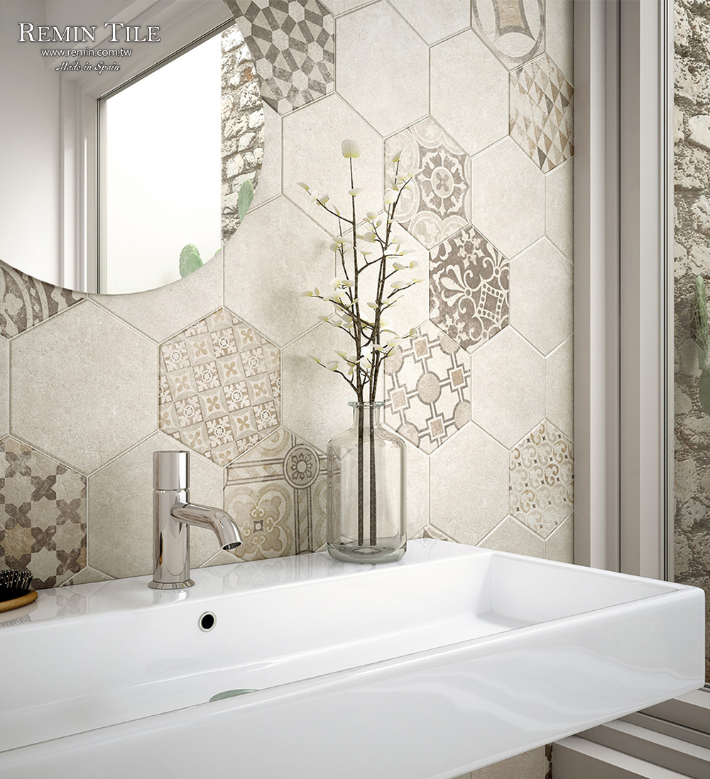 板岩六角花磚佩姬 白灰混搭浴室牆面設計