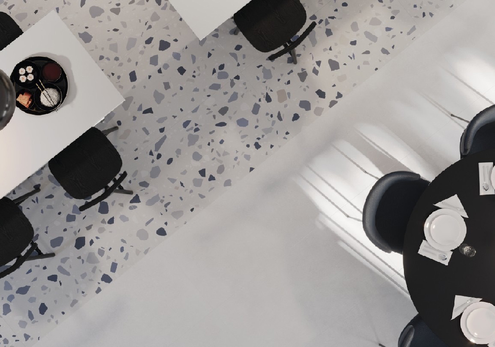 水磨石磚佳麗石白色霧面設計，用於北歐風餐廳地板