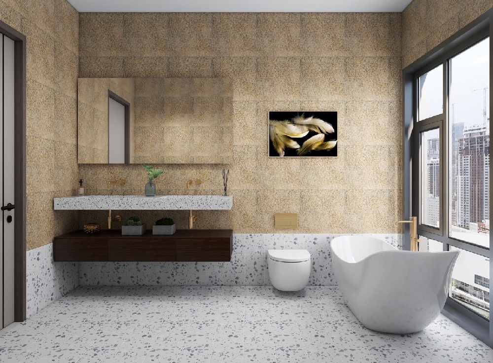 灰色水磨石磁磚牆面，打造溫暖浴室空間