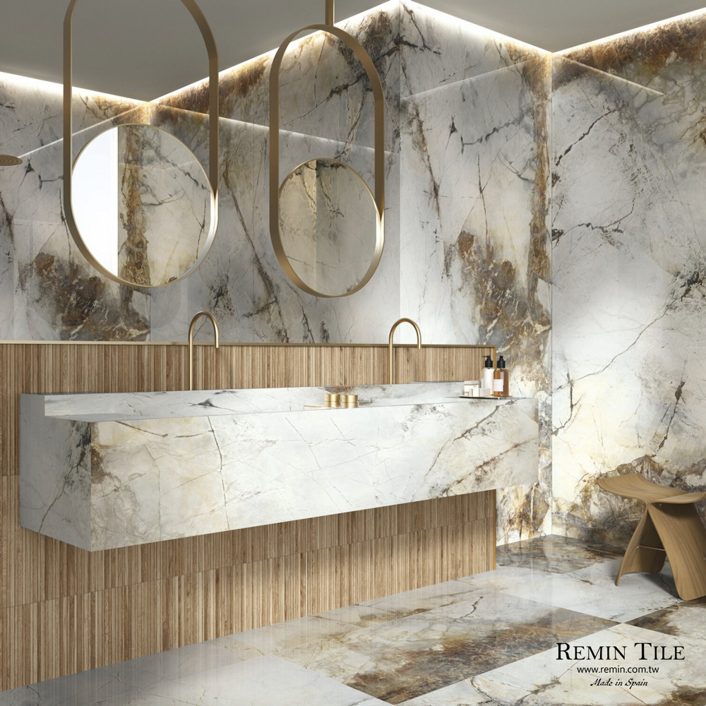 茶金 亮面連紋大板磚｜義大利120×280石英磚｜白色高級奢華壁磚